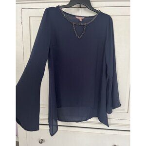 Juicy Couture Blouse Medium Bell Sleeve Rhinestone Navy Blue